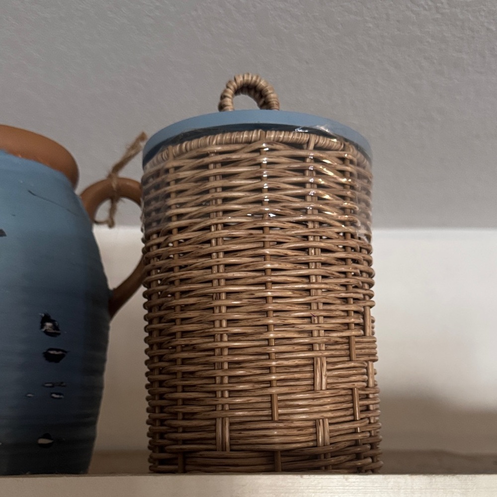 Wicker and Blue Ceramic Containers Set of 3 - Picture 2 of 6